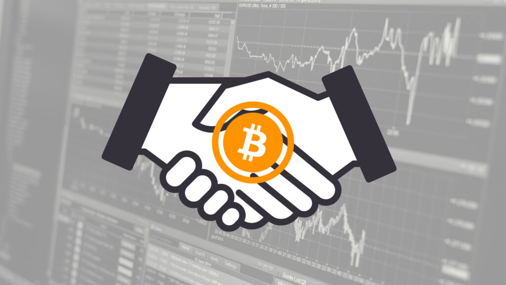 handshake with a bitcoin logo in the middle, on a background of charts